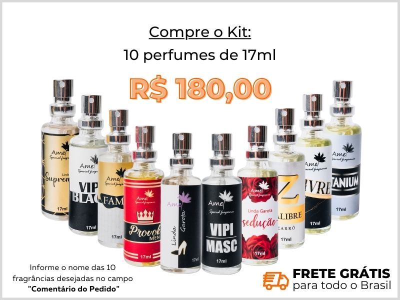 Kit com 10 perfumes de 17ml + Frete Grátis + site + loja virtual Amei Cosméticos