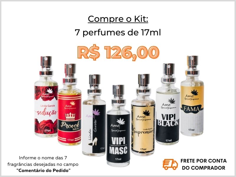 Kit com 7 perfumes de 17ml + site + loja virtual Amei Cosméticos