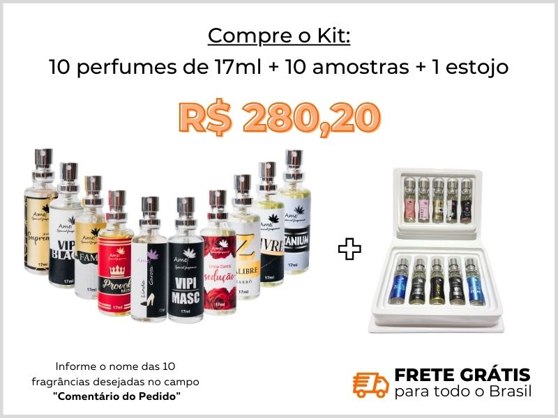 Kit com 10 perfumes de 17ml + 1 estojo + 10 amostras + frete grátis + site + loja