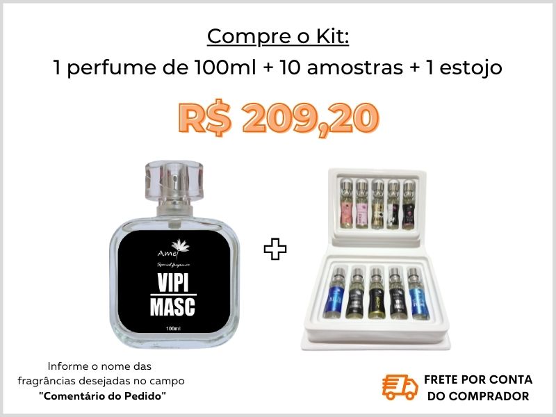 Kit com 1 perfume de 100ml + 1 estojo + 10 amostras + site + loja virtual Amei Cosméticos