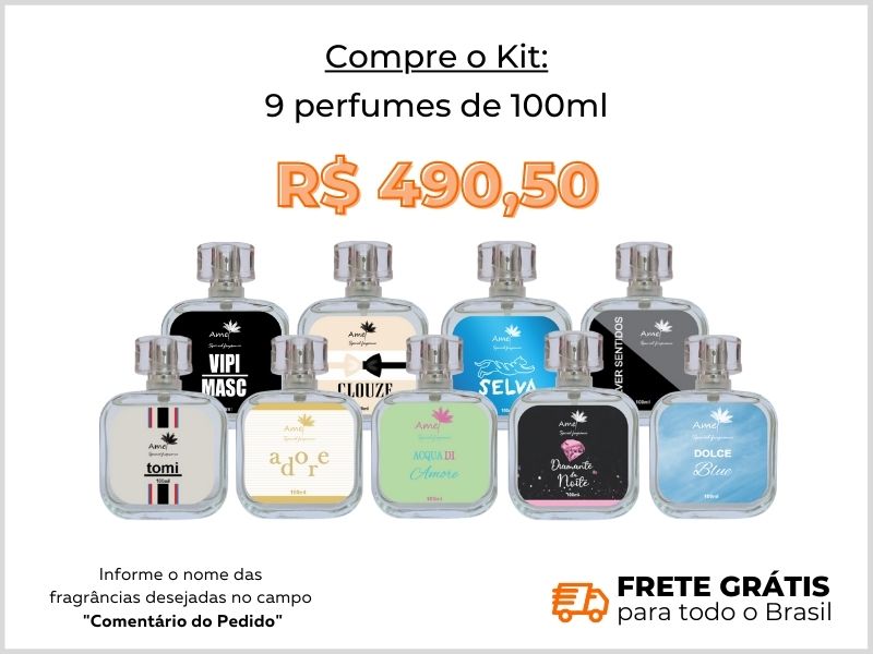 Kit com 9 perfumes de 100ml + frete grátis + site + loja virtual Amei Cosméticos