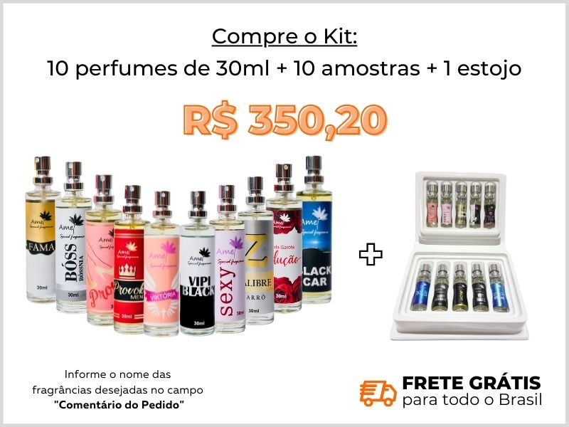 Kit com 10 perfumes de 30ml + 1 estojo + 10 amostras + frete grátis + site + loja