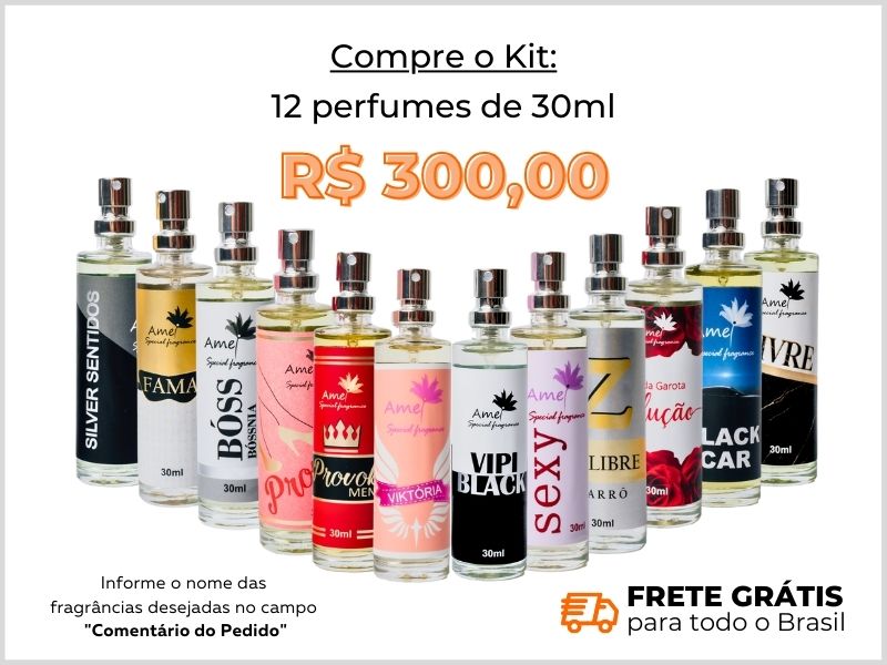 Kit com 12 perfumes de 30ml + frete grátis + site + loja