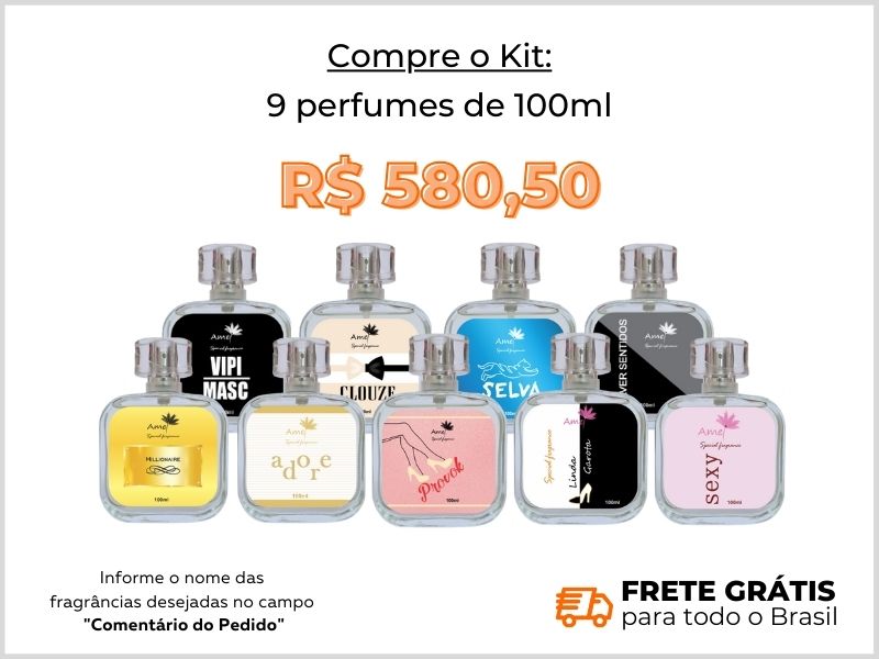 Kit com 9 perfumes de 100ml + frete grtis + site + loja virtual Amei Cosmticos